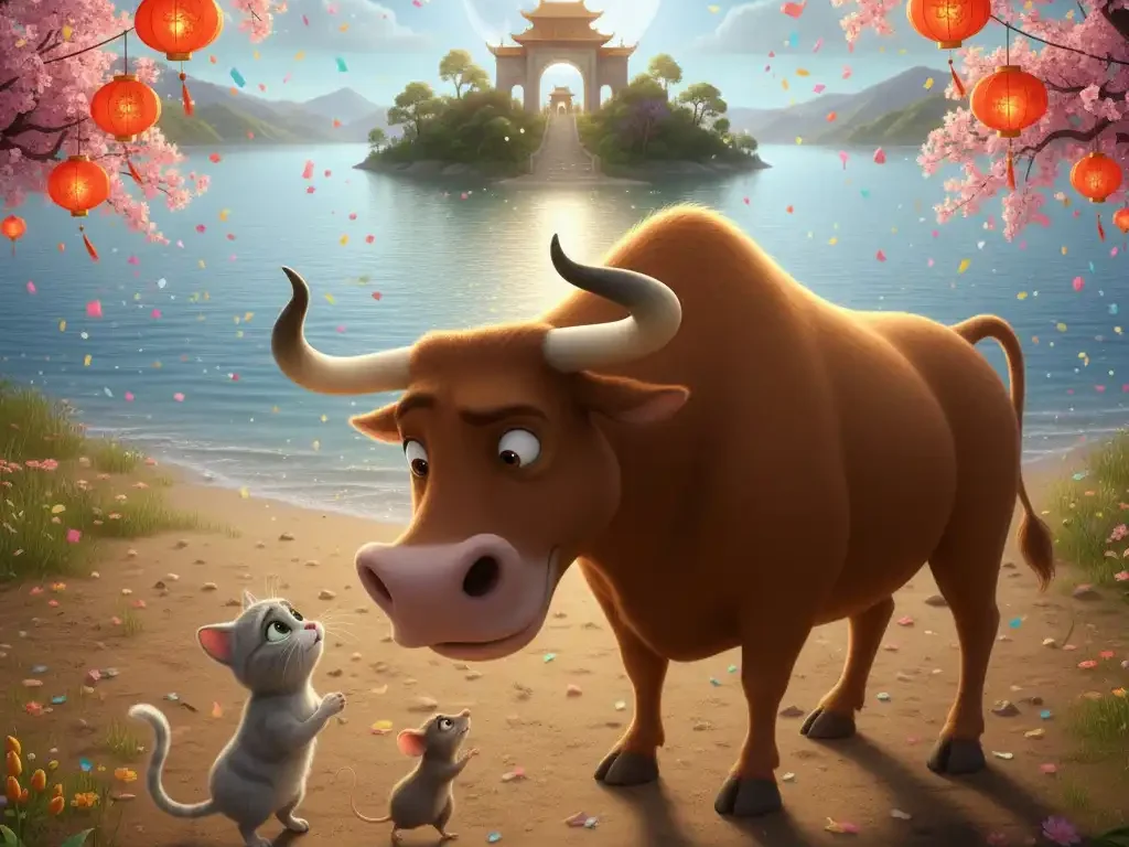 Leyenda de la Gran Carrera del Horóspoco Chino, el gato y la rata pidiendo al buey el favor