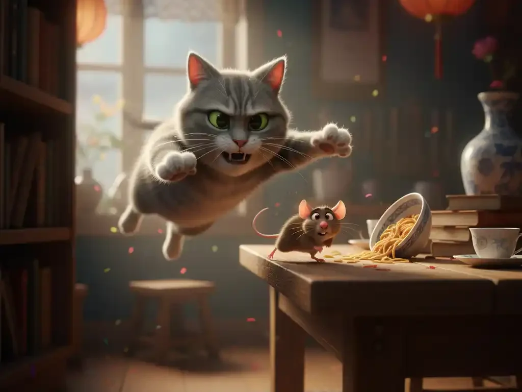 Leyenda de la Gran Carrera del Horóscopo Chino, el gato considera al ratón su enemigo