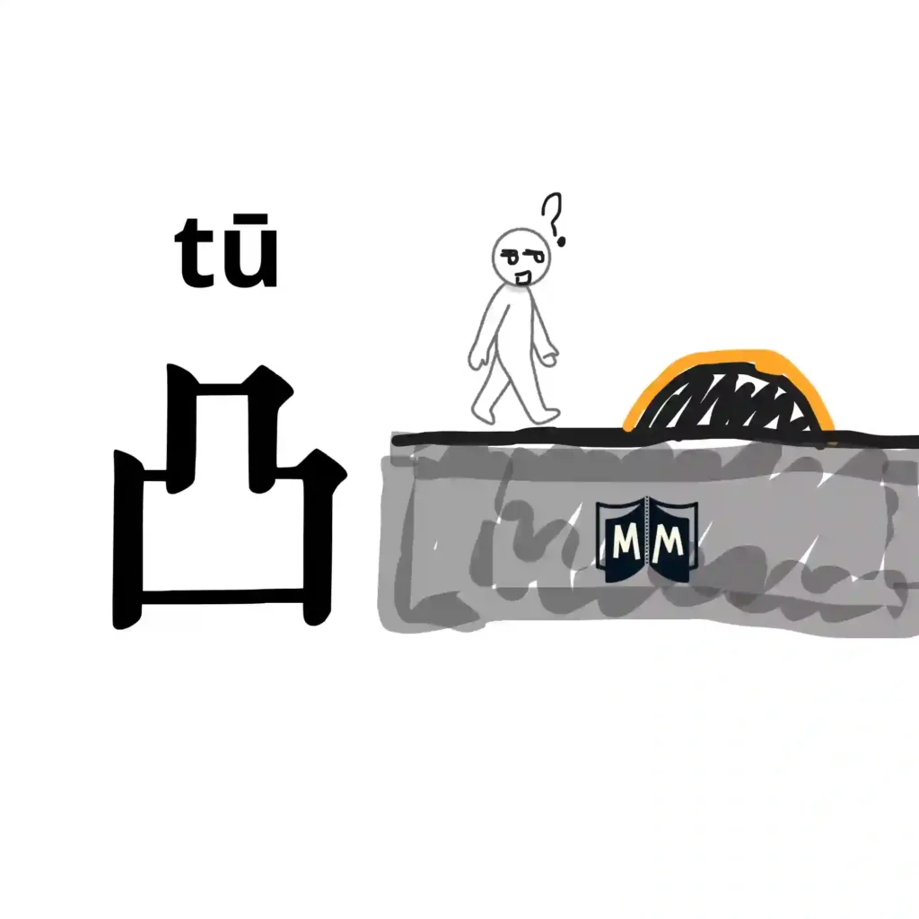 Carácter chino convexo 凸 ilustrado como una protuberancia o relieve que sobresale del terreno.